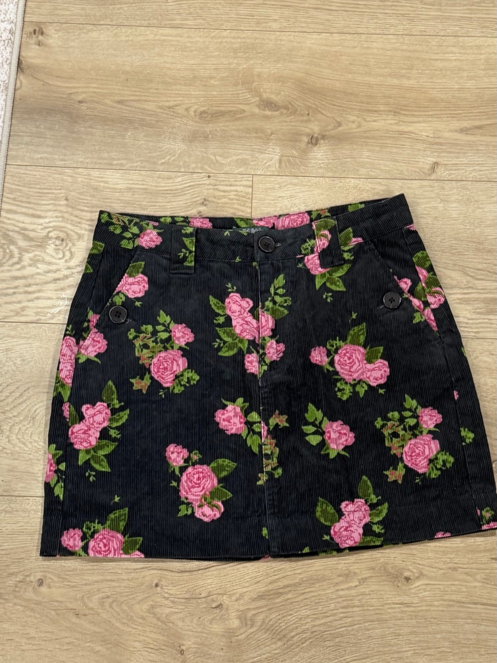 wild fable Black Corduroy Mini Skirt with Pink Rose Print